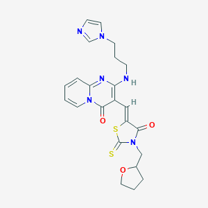 molecular formula C23H24N6O3S2 B256454 2-{[3-(1H-imidazol-1-yl)propyl]amino}-3-{[4-oxo-3-(tetrahydro-2-furanylmethyl)-2-thioxo-1,3-thiazolidin-5-ylidene]methyl}-4H-pyrido[1,2-a]pyrimidin-4-one 