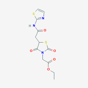 molecular formula C12H13N3O5S2 B256460 Ethyl {2,4-dioxo-5-[2-oxo-2-(1,3-thiazol-2-ylamino)ethyl]-1,3-thiazolidin-3-yl}acetate 