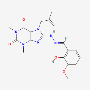 molecular formula C19H22N6O4 B2564604 (E)-8-(2-(2-hydroxy-3-methoxybenzylidene)hydrazinyl)-1,3-dimethyl-7-(2-methylallyl)-1H-purine-2,6(3H,7H)-dione CAS No. 361173-34-4