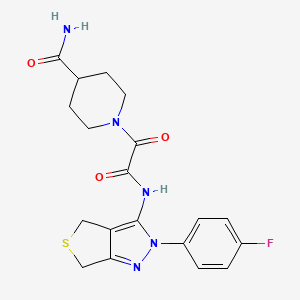 molecular formula C19H20FN5O3S B2564650 1-[2-[[2-(4-Fluorophenyl)-4,6-dihydrothieno[3,4-c]pyrazol-3-yl]amino]-2-oxoacetyl]piperidine-4-carboxamide CAS No. 899741-68-5