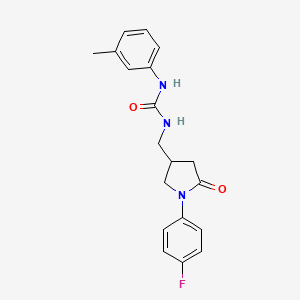 molecular formula C19H20FN3O2 B2564773 1-((1-(4-Fluorophenyl)-5-oxopyrrolidin-3-yl)methyl)-3-(m-tolyl)urea CAS No. 954696-65-2