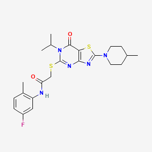 molecular formula C23H28FN5O2S2 B2564878 N~1~-(5-氟-2-甲基苯基)-2-{[6-异丙基-2-(4-甲基哌啶基)-7-氧代-6,7-二氢[1,3]噻唑并[4,5-d]嘧啶-5-基]硫代}乙酰胺 CAS No. 1207059-00-4
