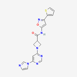 molecular formula C18H15N7O2S B2564917 1-(6-(1H-imidazol-1-yl)pyrimidin-4-yl)-N-(3-(thiophen-2-yl)isoxazol-5-yl)azetidine-3-carboxamide CAS No. 2034477-97-7