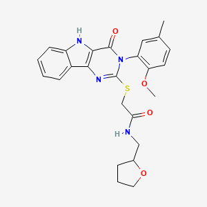 molecular formula C25H26N4O4S B2564931 2-((3-(2-methoxy-5-methylphenyl)-4-oxo-4,5-dihydro-3H-pyrimido[5,4-b]indol-2-yl)thio)-N-((tetrahydrofuran-2-yl)methyl)acetamide CAS No. 888452-36-6