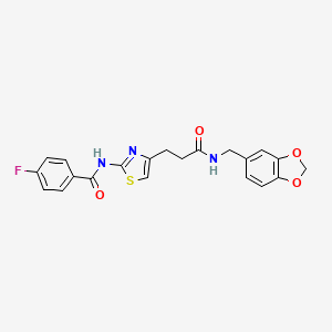 molecular formula C21H18FN3O4S B2564932 N-(4-(3-((benzo[d][1,3]dioxol-5-ylmethyl)amino)-3-oxopropyl)thiazol-2-yl)-4-fluorobenzamide CAS No. 1021265-85-9
