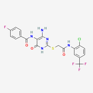molecular formula C20H14ClF4N5O3S B2564936 N-(4-amino-2-((2-((2-chloro-5-(trifluoromethyl)phenyl)amino)-2-oxoethyl)thio)-6-oxo-1,6-dihydropyrimidin-5-yl)-4-fluorobenzamide CAS No. 888420-52-8