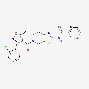 molecular formula C22H17ClN6O3S B2564942 N-(5-(3-(2-クロロフェニル)-5-メチルイソキサゾール-4-カルボニル)-4,5,6,7-テトラヒドロチアゾロ[5,4-c]ピリジン-2-イル)ピラジン-2-カルボキサミド CAS No. 1351604-99-3