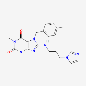 molecular formula C21H25N7O2 B2564970 8-(3-Imidazol-1-yl-propylamino)-1,3-dimethyl-7-(4-methyl-benzyl)-3,7-dihydro-purine-2,6-dione CAS No. 505080-96-6