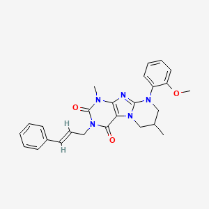 molecular formula C26H27N5O3 B2564972 3-肉桂酰基-9-(2-甲氧基苯基)-1,7-二甲基-6,7,8,9-四氢吡啶并[2,1-f]嘌呤-2,4(1H,3H)-二酮 CAS No. 877617-36-2