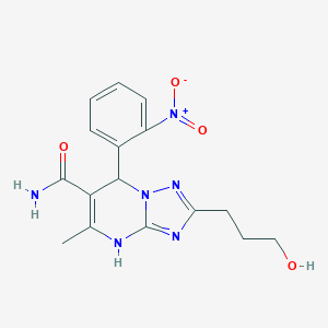 molecular formula C16H18N6O4 B256510 7-{2-Nitrophenyl}-2-(3-hydroxypropyl)-5-methyl-4,7-dihydro[1,2,4]triazolo[1,5-a]pyrimidine-6-carboxamide 