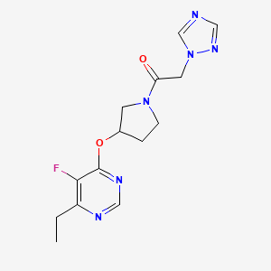 molecular formula C14H17FN6O2 B2565122 1-(3-((6-ethyl-5-fluoropyrimidin-4-yl)oxy)pyrrolidin-1-yl)-2-(1H-1,2,4-triazol-1-yl)ethanone CAS No. 2034397-48-1