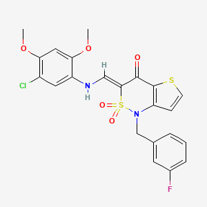 molecular formula C22H18ClFN2O5S2 B2565153 (3Z)-3-{[(5-chloro-2,4-dimethoxyphenyl)amino]methylene}-1-(3-fluorobenzyl)-1H-thieno[3,2-c][1,2]thiazin-4(3H)-one 2,2-dioxide CAS No. 894688-64-3