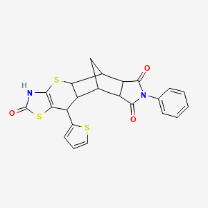 molecular formula C23H18N2O3S3 B2565185 (4aR,5R,5aR,8aR,9S)-7-phenyl-10-(thiophen-2-yl)-5,5a,8a,9,9a,10-hexahydro-5,9-methanothiazolo[5',4':5,6]thiopyrano[2,3-f]isoindole-2,6,8(3H,4aH,7H)-trione CAS No. 1212357-20-4