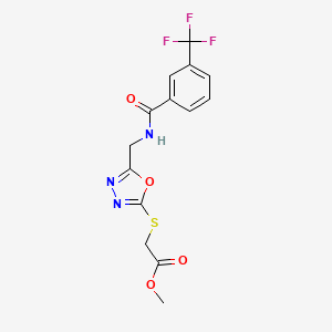 molecular formula C14H12F3N3O4S B2565288 Methyl 2-((5-((3-(trifluoromethyl)benzamido)methyl)-1,3,4-oxadiazol-2-yl)thio)acetate CAS No. 920473-53-6