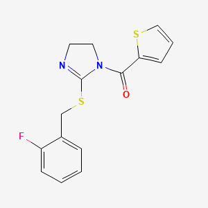 molecular formula C15H13FN2OS2 B2565297 (2-((2-fluorobenzyl)thio)-4,5-dihydro-1H-imidazol-1-yl)(thiophen-2-yl)methanone CAS No. 851807-26-6