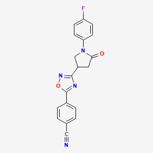 molecular formula C19H13FN4O2 B2565345 4-{3-[1-(4-Fluorophenyl)-5-oxopyrrolidin-3-yl]-1,2,4-oxadiazol-5-yl}benzonitrile CAS No. 1172297-16-3