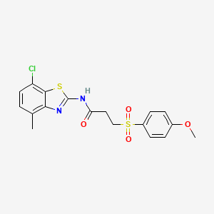 molecular formula C18H17ClN2O4S2 B2565374 N-(7-chloro-4-methylbenzo[d]thiazol-2-yl)-3-((4-methoxyphenyl)sulfonyl)propanamide CAS No. 941952-33-6