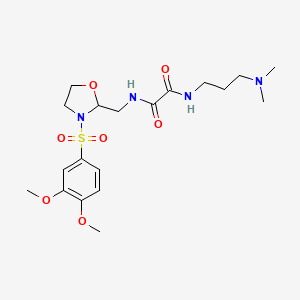 molecular formula C19H30N4O7S B2565375 N1-((3-((3,4-二甲氧苯基)磺酰)恶唑烷-2-基)甲基)-N2-(3-(二甲氨基)丙基)草酰胺 CAS No. 868983-05-5