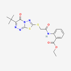 molecular formula C19H21N5O4S2 B2565378 ethyl 2-({[(3-tert-butyl-4-oxo-4H-[1,3,4]thiadiazolo[2,3-c][1,2,4]triazin-7-yl)sulfanyl]acetyl}amino)benzoate CAS No. 896296-97-2