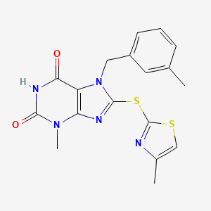 molecular formula C18H17N5O2S2 B2565381 3-Methyl-7-[(3-methylphenyl)methyl]-8-[(4-methyl-1,3-thiazol-2-yl)sulfanyl]purine-2,6-dione CAS No. 838897-60-2