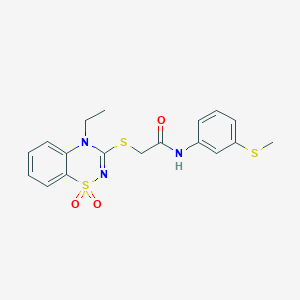 molecular formula C18H19N3O3S3 B2565398 2-((4-乙基-1,1-二氧化-4H-苯并[e][1,2,4]噻二嗪-3-基)硫代)-N-(3-(甲硫基)苯基)乙酰胺 CAS No. 941899-75-8