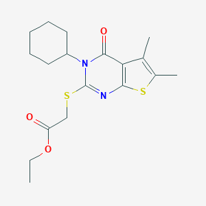 molecular formula C18H24N2O3S2 B256541 Ethyl [(3-cyclohexyl-5,6-dimethyl-4-oxo-3,4-dihydrothieno[2,3-d]pyrimidin-2-yl)sulfanyl]acetate 