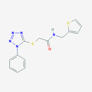 molecular formula C14H13N5OS2 B256553 2-((1-phenyl-1H-tetrazol-5-yl)thio)-N-(thiophen-2-ylmethyl)acetamide 