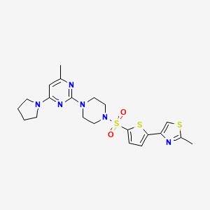 molecular formula C21H26N6O2S3 B2565668 2-Methyl-4-(5-((4-(4-methyl-6-(pyrrolidin-1-yl)pyrimidin-2-yl)piperazin-1-yl)sulfonyl)thiophen-2-yl)thiazole CAS No. 1219911-73-5