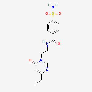 molecular formula C15H18N4O4S B2565709 N-(2-(4-乙基-6-氧代嘧啶-1(6H)-基)乙基)-4-磺酰胺基苯甲酰胺 CAS No. 1396856-63-5