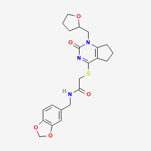 molecular formula C22H25N3O5S B2565719 N-(benzo[d][1,3]dioxol-5-ylmethyl)-2-((2-oxo-1-((tetrahydrofuran-2-yl)methyl)-2,5,6,7-tetrahydro-1H-cyclopenta[d]pyrimidin-4-yl)thio)acetamide CAS No. 899993-34-1