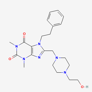 molecular formula C22H30N6O3 B2565742 8-((4-(2-hydroxyethyl)piperazin-1-yl)methyl)-1,3-dimethyl-7-phenethyl-1H-purine-2,6(3H,7H)-dione CAS No. 851943-35-6