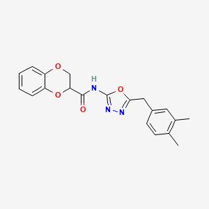 molecular formula C20H19N3O4 B2565787 N-(5-(3,4-dimethylbenzyl)-1,3,4-oxadiazol-2-yl)-2,3-dihydrobenzo[b][1,4]dioxine-2-carboxamide CAS No. 1172460-55-7