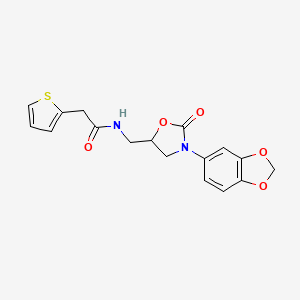 molecular formula C17H16N2O5S B2565806 N-((3-(benzo[d][1,3]dioxol-5-yl)-2-oxooxazolidin-5-yl)methyl)-2-(thiophen-2-yl)acetamide CAS No. 954678-73-0
