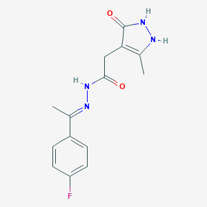 molecular formula C14H15FN4O2 B256583 N-[(E)-1-(4-fluorophenyl)ethylideneamino]-2-(3-methyl-5-oxo-1,2-dihydropyrazol-4-yl)acetamide 
