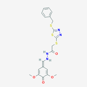 molecular formula C20H20N4O4S3 B256585 2-[(5-benzylsulfanyl-1,3,4-thiadiazol-2-yl)sulfanyl]-N'-[(3,5-dimethoxy-4-oxocyclohexa-2,5-dien-1-ylidene)methyl]acetohydrazide 