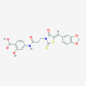 molecular formula C21H16N2O7S2 B256586 4-[3-[(5Z)-5-(1,3-benzodioxol-5-ylmethylene)-4-oxo-2-thioxo-thiazolidin-3-yl]propanoylamino]-2-hydroxy-benzoic acid 