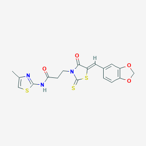molecular formula C18H15N3O4S3 B256587 3-[5-(1,3-benzodioxol-5-ylmethylene)-4-oxo-2-thioxo-1,3-thiazolidin-3-yl]-N-(4-methyl-1,3-thiazol-2-yl)propanamide 