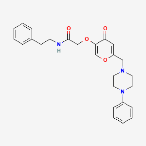 molecular formula C26H29N3O4 B2565870 2-((4-oxo-6-((4-phenylpiperazin-1-yl)methyl)-4H-pyran-3-yl)oxy)-N-phenethylacetamide CAS No. 898456-67-2