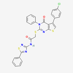 molecular formula C28H18ClN5O2S3 B2565903 2-[5-(4-chlorophenyl)-4-oxo-3-phenylthieno[2,3-d]pyrimidin-2-yl]sulfanyl-N-(5-phenyl-1,2,4-thiadiazol-3-yl)acetamide CAS No. 670273-87-7