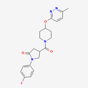 molecular formula C21H23FN4O3 B2565916 1-(4-氟苯基)-4-(4-((6-甲基吡哒嗪-3-基)氧代)哌啶-1-羰基)吡咯烷-2-酮 CAS No. 1797958-40-7