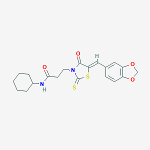 molecular formula C20H22N2O4S2 B256594 3-[5-(1,3-benzodioxol-5-ylmethylene)-4-oxo-2-thioxo-1,3-thiazolidin-3-yl]-N-cyclohexylpropanamide 