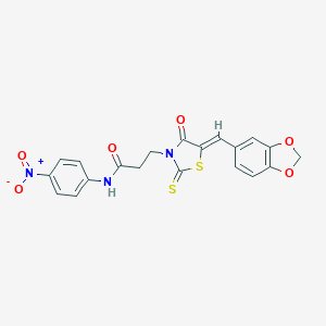 molecular formula C20H15N3O6S2 B256595 3-[5-(1,3-benzodioxol-5-ylmethylene)-4-oxo-2-thioxo-1,3-thiazolidin-3-yl]-N-{4-nitrophenyl}propanamide 