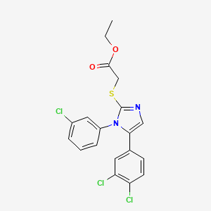 molecular formula C19H15Cl3N2O2S B2565950 ethyl 2-((1-(3-chlorophenyl)-5-(3,4-dichlorophenyl)-1H-imidazol-2-yl)thio)acetate CAS No. 1207010-09-0