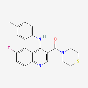 molecular formula C21H20FN3OS B2565994 (6-氟-4-(对甲苯胺基)喹啉-3-基)(硫代吗啉)甲酮 CAS No. 1358406-31-1