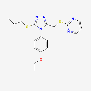 molecular formula C18H21N5OS2 B2566005 2-[[4-(4-Ethoxyphenyl)-5-propylsulfanyl-1,2,4-triazol-3-yl]methylsulfanyl]pyrimidine CAS No. 868221-51-6