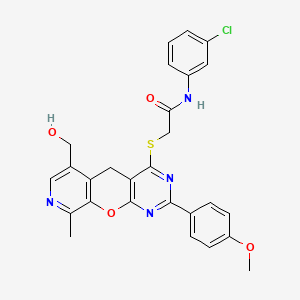 molecular formula C27H23ClN4O4S B2566026 N-(3-chlorophenyl)-2-((6-(hydroxymethyl)-2-(4-methoxyphenyl)-9-methyl-5H-pyrido[4',3':5,6]pyrano[2,3-d]pyrimidin-4-yl)thio)acetamide CAS No. 867040-67-3