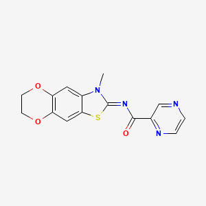 molecular formula C15H12N4O3S B2566030 (E)-N-(3-methyl-6,7-dihydro-[1,4]dioxino[2',3':4,5]benzo[1,2-d]thiazol-2(3H)-ylidene)pyrazine-2-carboxamide CAS No. 1173634-39-3