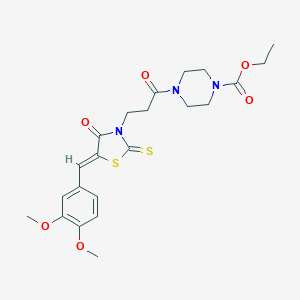 molecular formula C22H27N3O6S2 B256606 Ethyl 4-{3-[5-(3,4-dimethoxybenzylidene)-4-oxo-2-thioxo-1,3-thiazolidin-3-yl]propanoyl}-1-piperazinecarboxylate 