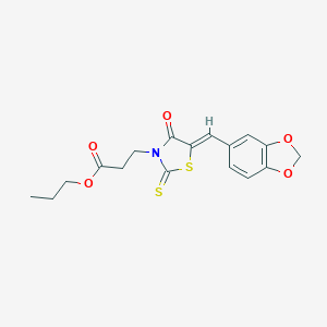 molecular formula C17H17NO5S2 B256611 Propyl 3-[5-(1,3-benzodioxol-5-ylmethylene)-4-oxo-2-thioxo-1,3-thiazolidin-3-yl]propanoate 