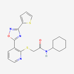 molecular formula C19H20N4O2S2 B2566144 N-cyclohexyl-2-((3-(3-(thiophen-2-yl)-1,2,4-oxadiazol-5-yl)pyridin-2-yl)thio)acetamide CAS No. 1251683-41-6